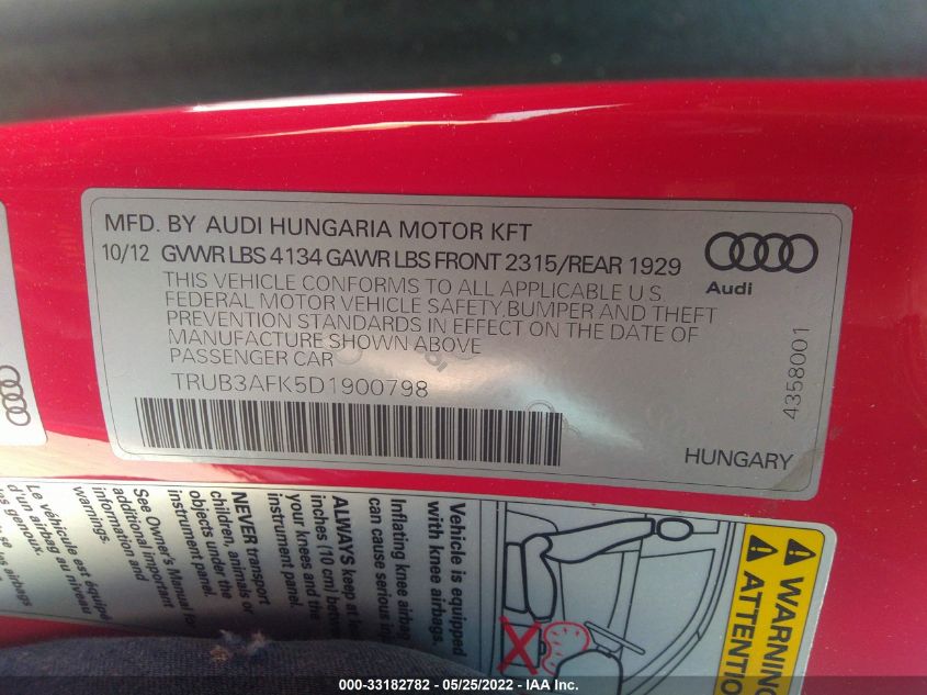 2013 AUDI TT RS TRUB3AFK5D1900798