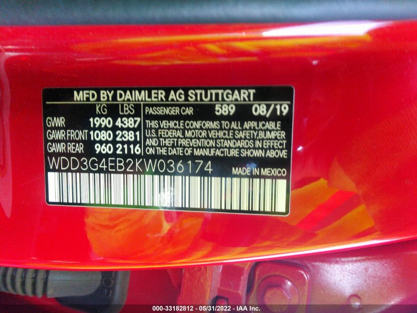 2019 MERCEDES-BENZ A-CLASS A 220 WDD3G4EB2KW036174