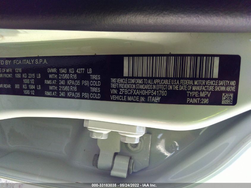 2017 FIAT 500X POP ZFBCFXAH0HP541760