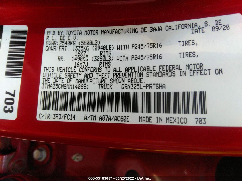 2021 TOYOTA TACOMA 2WD SR5/TRD SPORT 3TMAZ5CN8MM140881