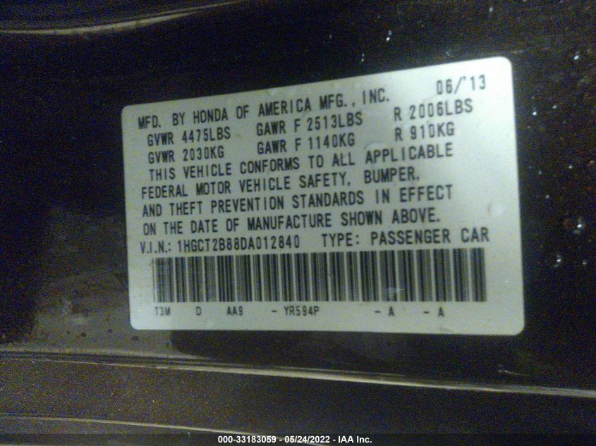 2013 HONDA ACCORD CPE EX-L 1HGCT2B88DA012840