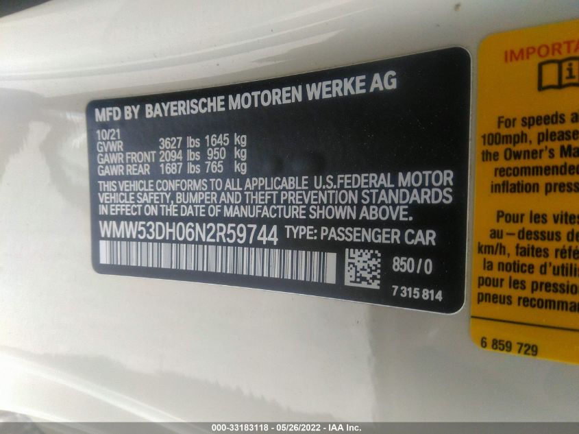 2022 MINI HARDTOP 2 DOOR COOPER S WMW53DH06N2R59744