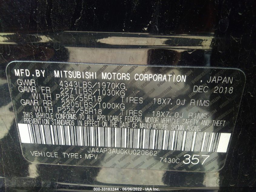 2019 MITSUBISHI OUTLANDER SPORT 2.0 JA4AP3AU0KU020662