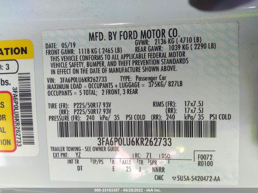 2019 FORD FUSION HYBRID SE 3FA6P0LU6KR262733