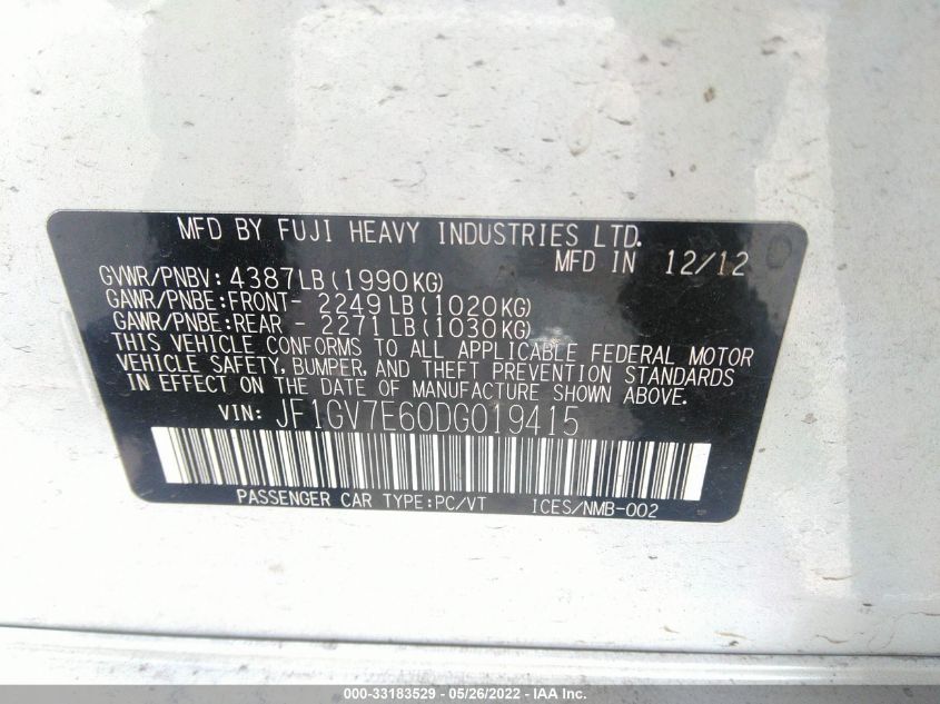 2013 SUBARU IMPREZA SEDAN WRX WRX JF1GV7E60DG019415
