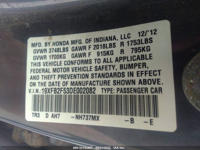 2013 HONDA CIVIC SDN LX 19XFB2F53DE002082