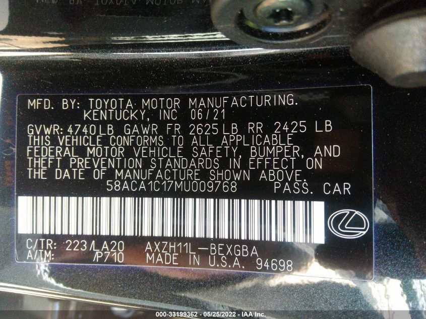 2021 LEXUS ES ES 300H 58ACA1C17MU009768