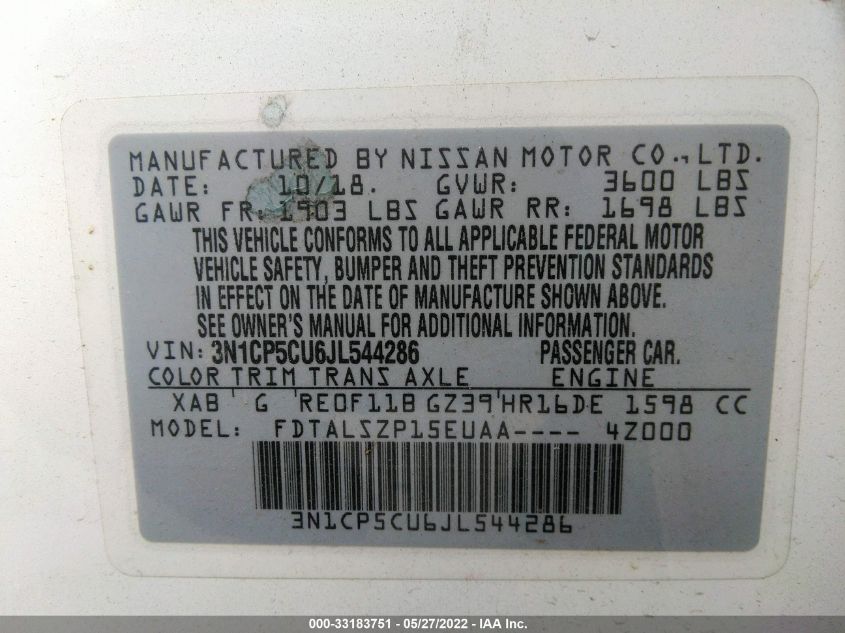 2018 NISSAN KICKS SV 3N1CP5CU6JL544286