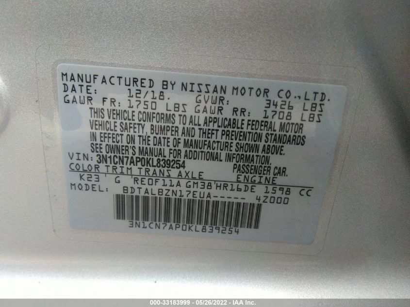2019 NISSAN VERSA SEDAN SV 3N1CN7AP0KL839254