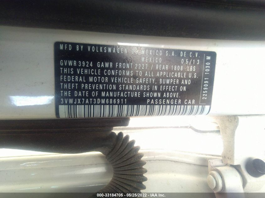 2013 VOLKSWAGEN BEETLE COUPE 2.5L 3VWJX7AT3DM686911