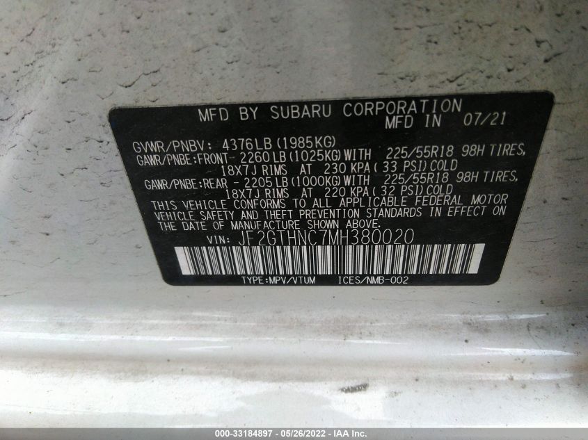 2021 SUBARU CROSSTREK LIMITED JF2GTHNC7MH380020