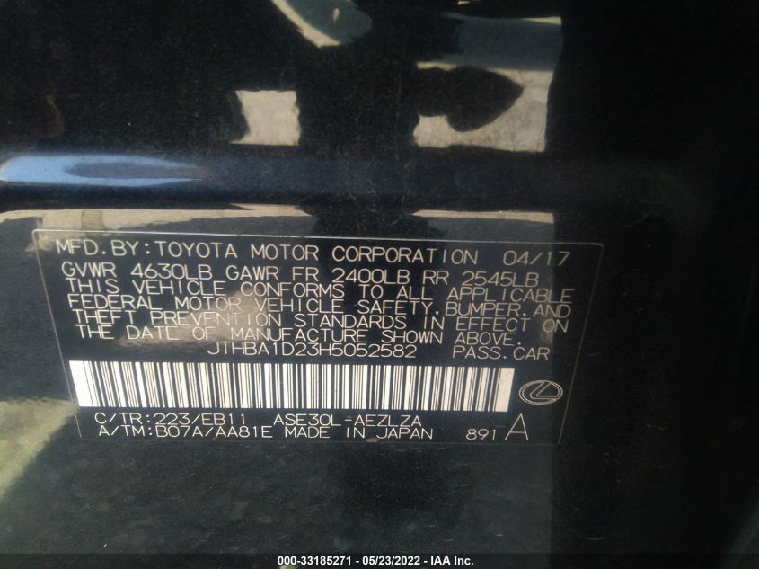 2017 LEXUS IS IS TURBO JTHBA1D23H5052582
