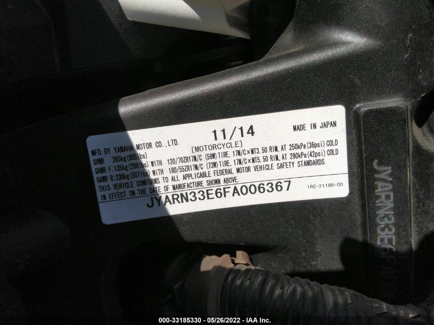 2015 YAMAHA FZ09 JYARN33E6FA006367