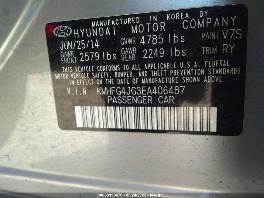2014 HYUNDAI AZERA KMHFG4JG3EA406487