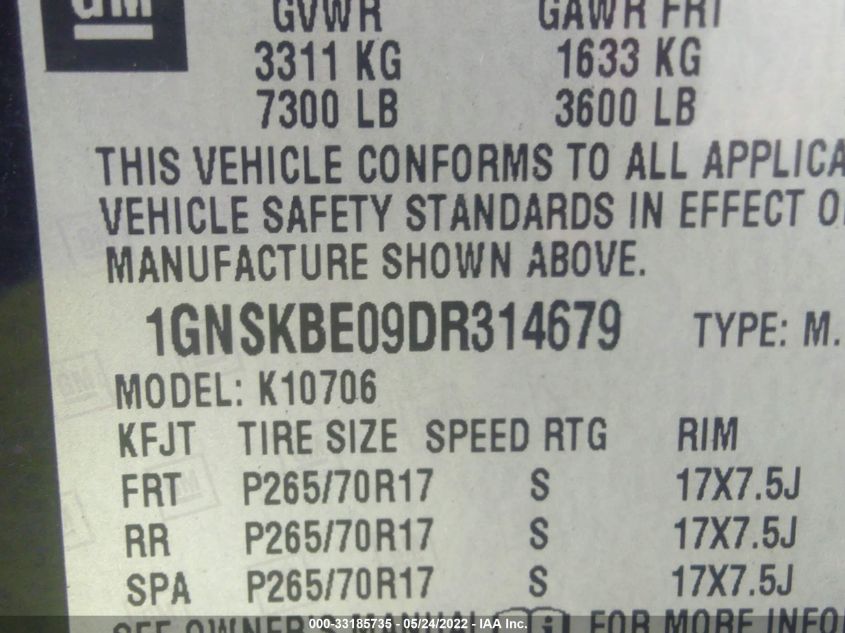 2013 CHEVROLET TAHOE LT 1GNSKBE09DR314679