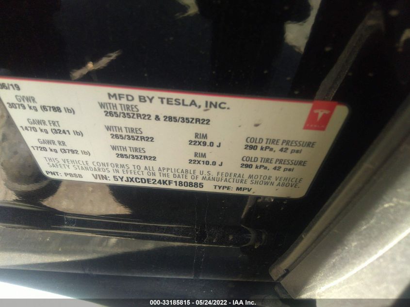 2019 TESLA MODEL X 5YJXCDE24KF180885