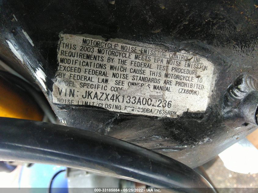 2003 KAWASAKI ZX600 K1 JKAZX4K133A002236
