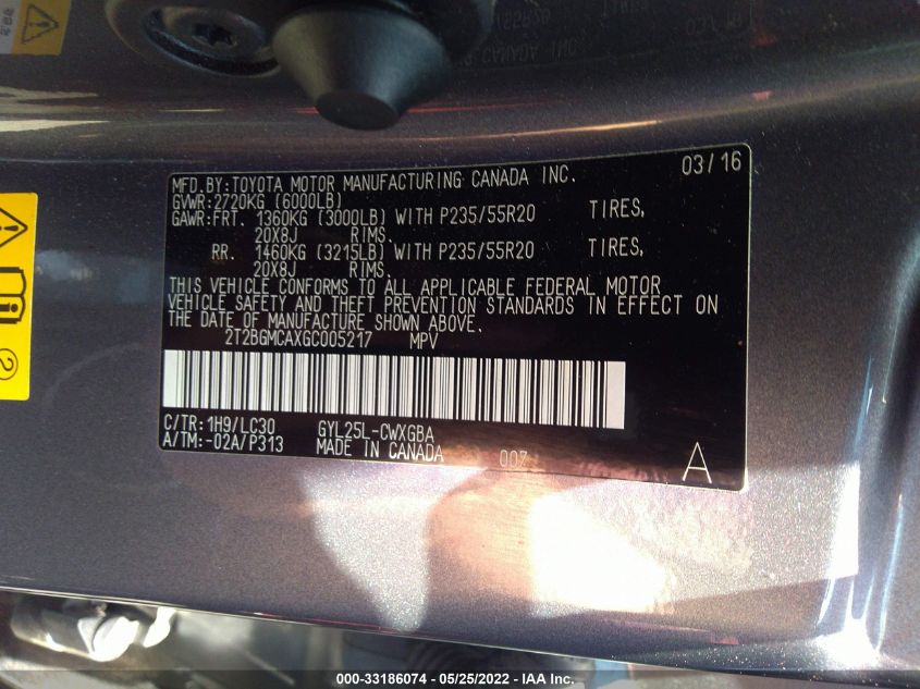 2016 LEXUS RX 450H 2T2BGMCAXGC005217