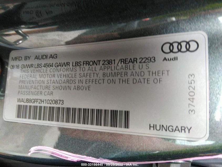 2017 AUDI A3 SEDAN PREMIUM WAUB8GFF2H1020873