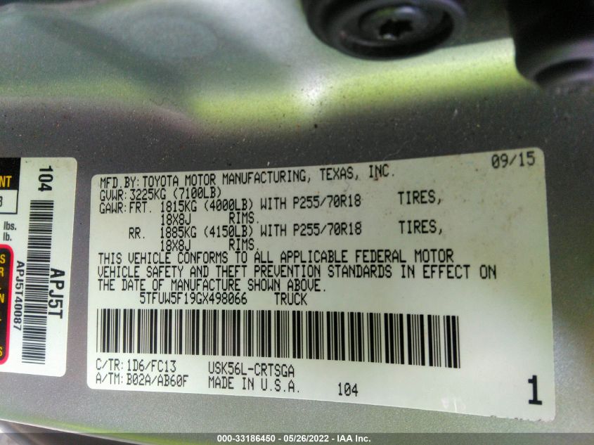 2016 TOYOTA TUNDRA 4WD TRUCK SR5 5TFUW5F19GX498066