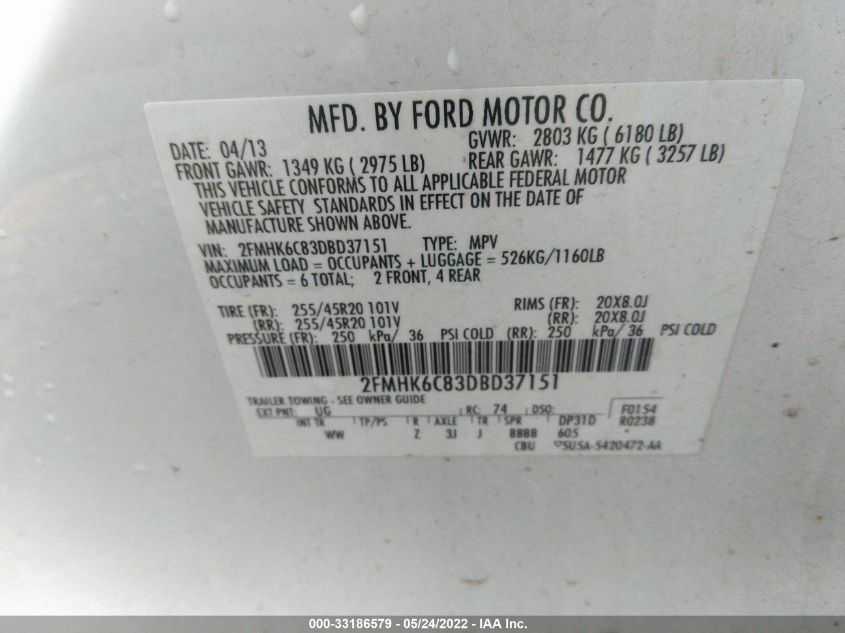 2013 FORD FLEX SEL 2FMHK6C83DBD37151