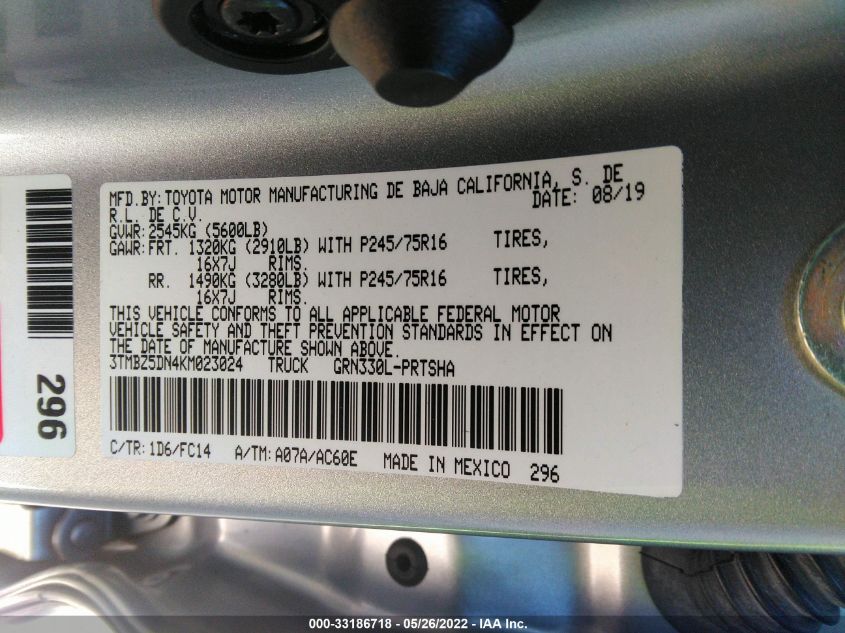 2019 TOYOTA TACOMA 2WD SR5/TRD SPORT 3TMBZ5DN4KM023024