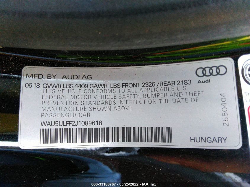 2018 AUDI A3 CABRIOLET PREMIUM PLUS WAU5ULFF2J1089618