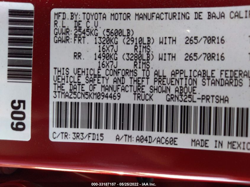 2019 TOYOTA TACOMA 2WD TRD OFF ROAD 3TMAZ5CN5KM094469