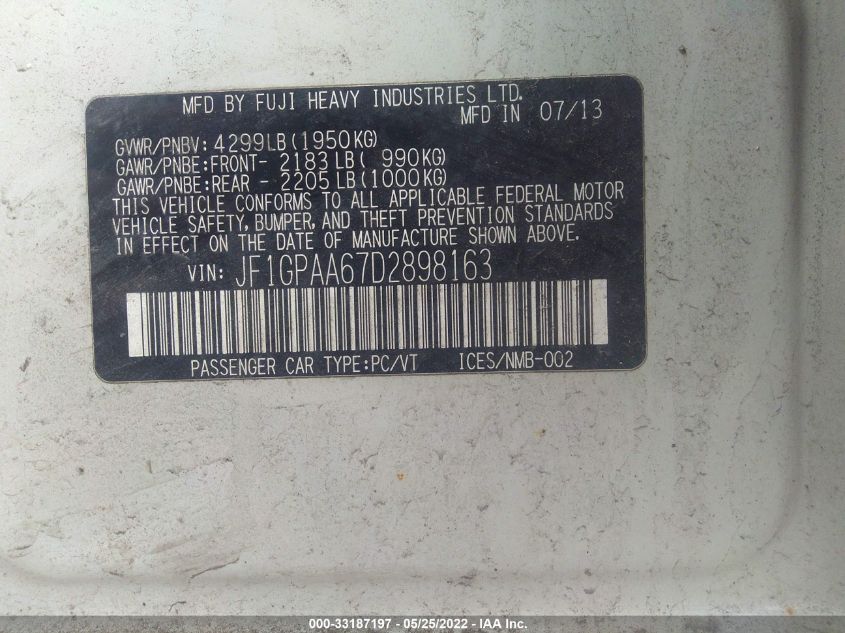 2013 SUBARU IMPREZA WAGON 2.0I JF1GPAA67D2898163