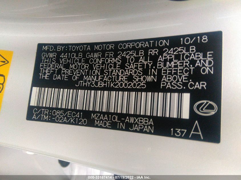 2019 LEXUS UX UX 200 JTHY3JBH1K2002025