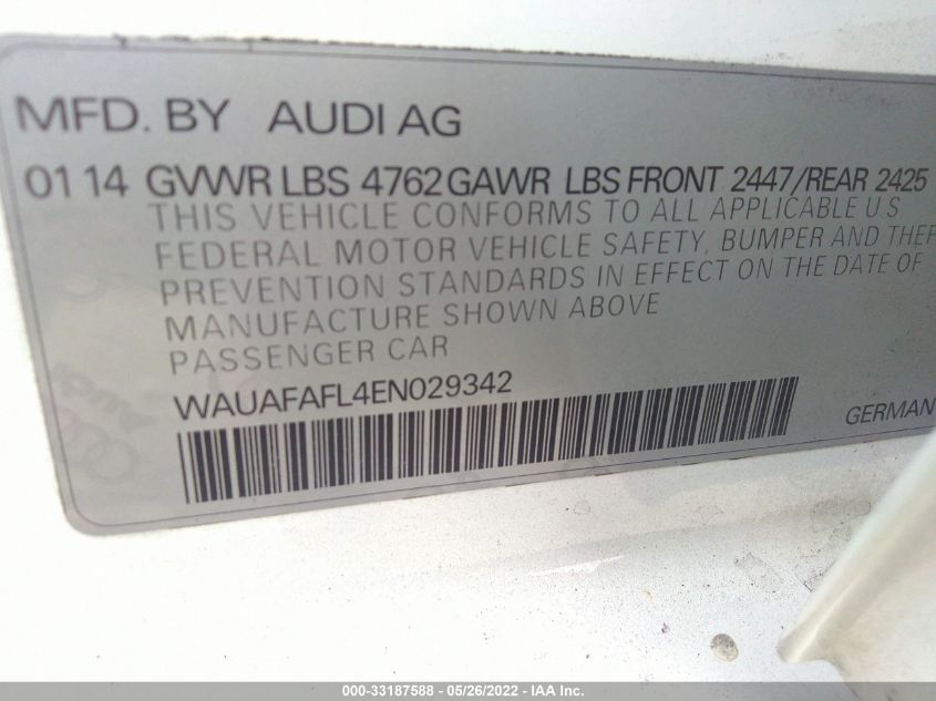 2014 AUDI A4 PREMIUM WAUAFAFL4EN029342
