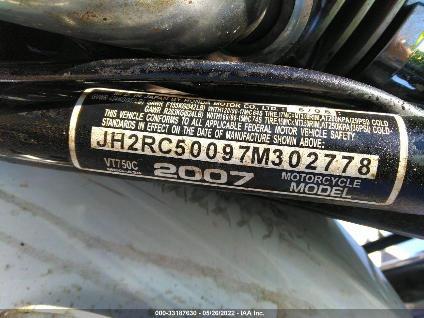 2007 HONDA VT750 JH2RC50097M302778