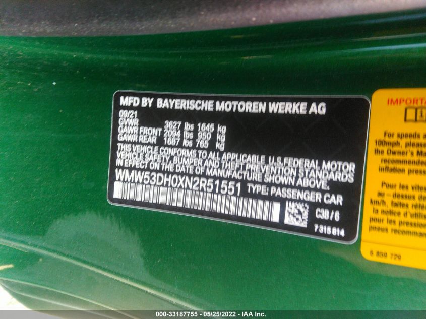 2022 MINI HARDTOP 2 DOOR COOPER S WMW53DH0XN2R51551