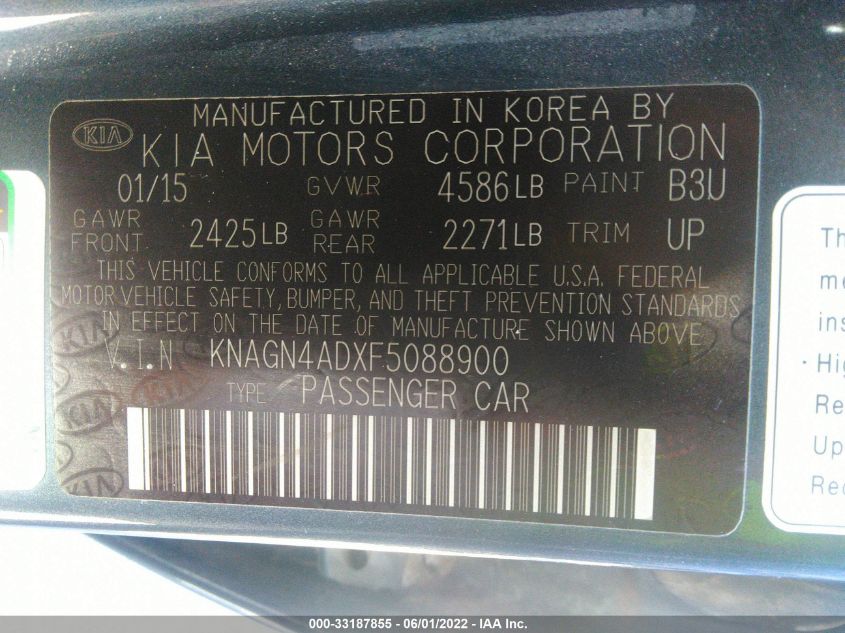2015 KIA OPTIMA HYBRID EX KNAGN4ADXF5088900