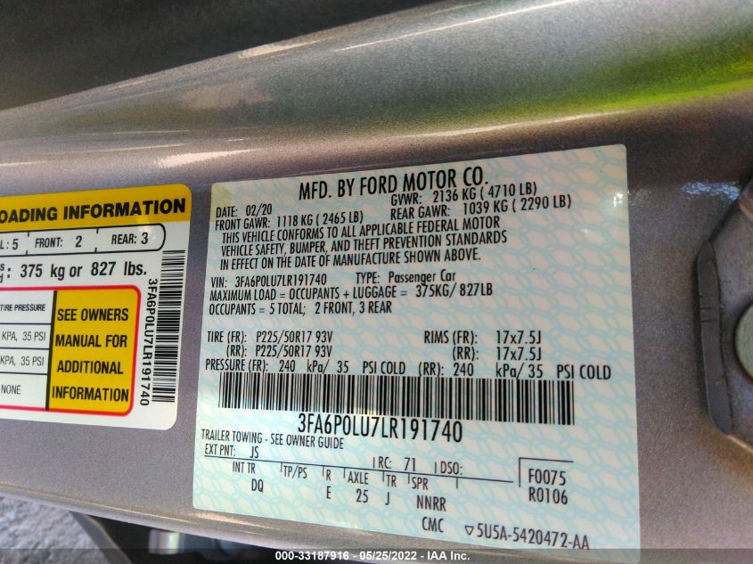 2020 Ford Fusion - 3FA6P0LU7LR191740