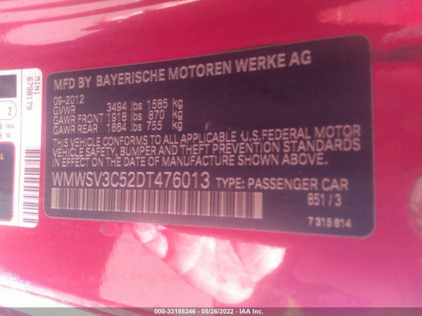 2013 MINI COOPER HARDTOP S WMWSV3C52DT476013
