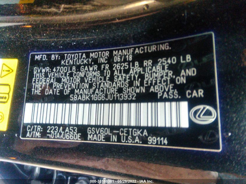 2018 LEXUS ES 350 58ABK1GG6JU113932