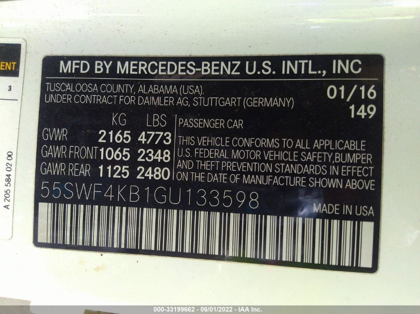 2016 MERCEDES-BENZ C-CLASS C 300 55SWF4KB1GU133598
