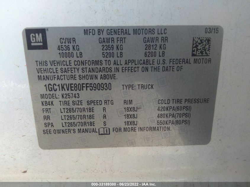 2015 CHEVROLET SILVERADO 2500HD LT 1GC1KVE80FF590930