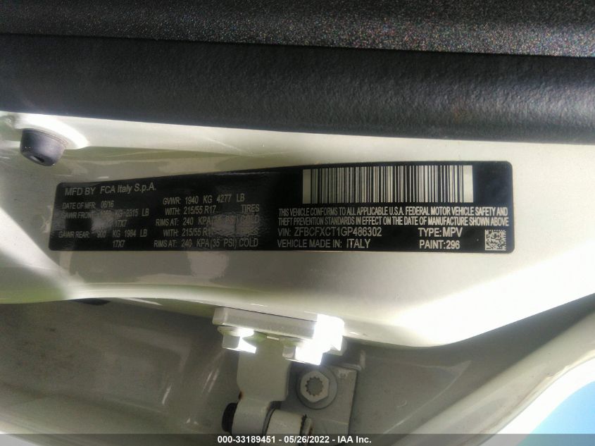 2016 FIAT 500X TREKKING ZFBCFXCT1GP486302