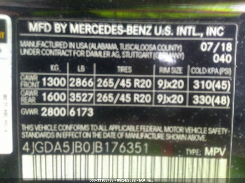 2018 MERCEDES-BENZ GLE GLE 350 4JGDA5JB0JB176351