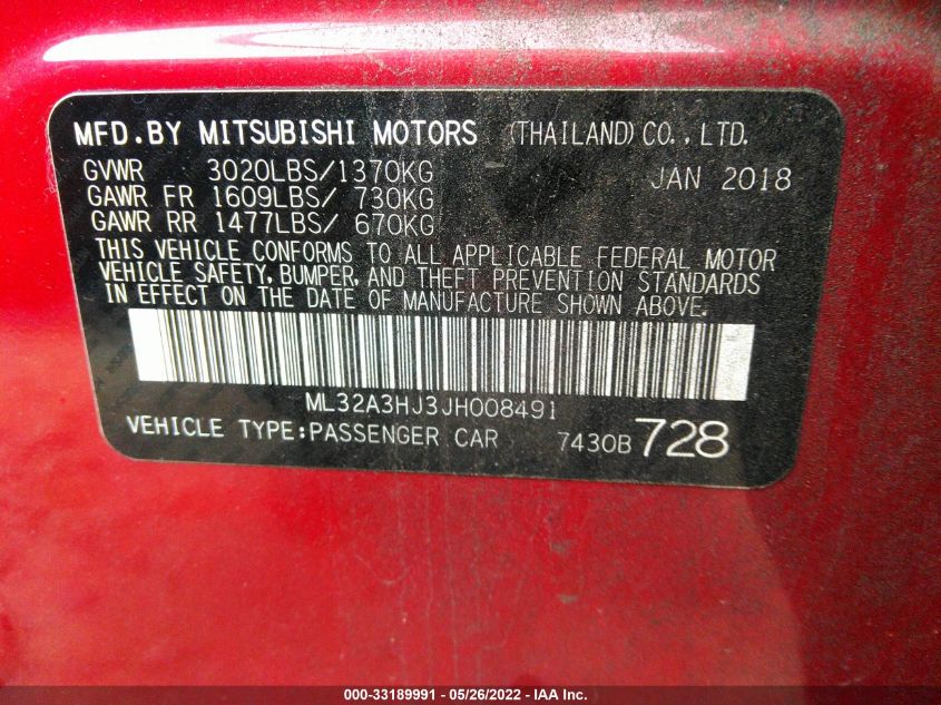 2018 MITSUBISHI MIRAGE ES ML32A3HJ3JH008491