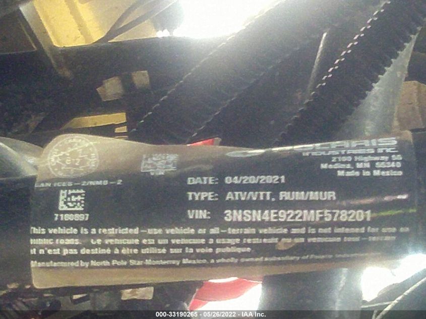 2021 POLARIS RZR XP 4 TURBO 3NSN4E922MF578201
