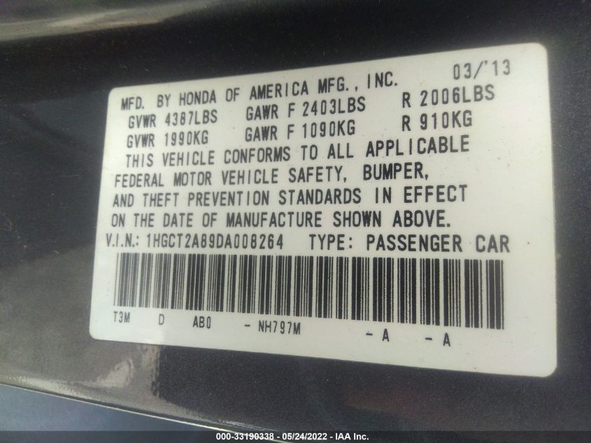 2013 HONDA ACCORD CPE EX-L 1HGCT2A89DA008264
