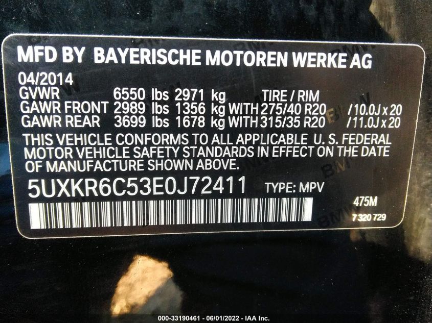 2014 BMW X5 XDRIVE50I 5UXKR6C53E0J72411