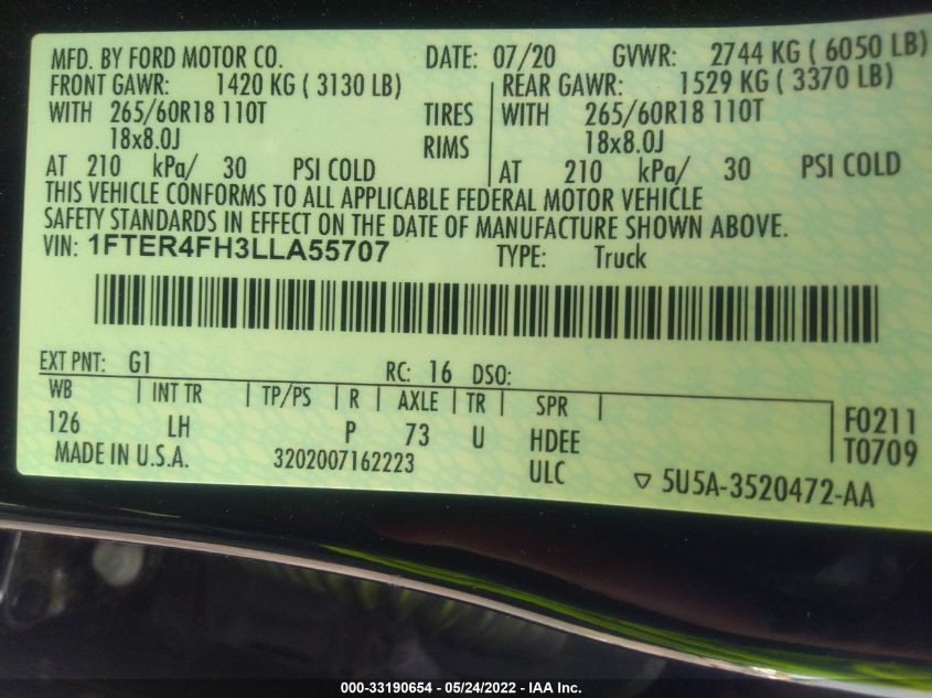 2020 FORD RANGER XL/XLT/LARIAT 1FTER4FH3LLA55707