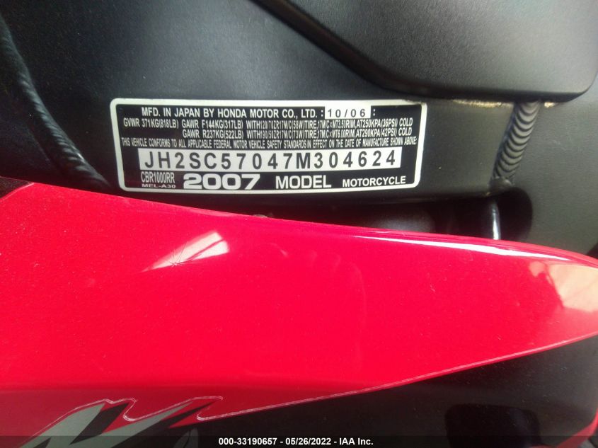 2007 HONDA CBR1000 RR JH2SC57047M304624