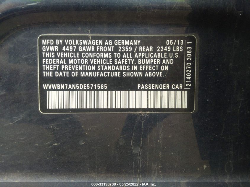 2013 VOLKSWAGEN CC SPORT WVWBN7AN5DE571585