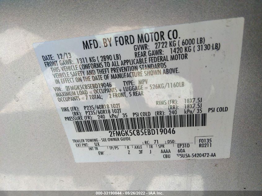 2014 FORD FLEX SEL 2FMGK5C85EBD19046