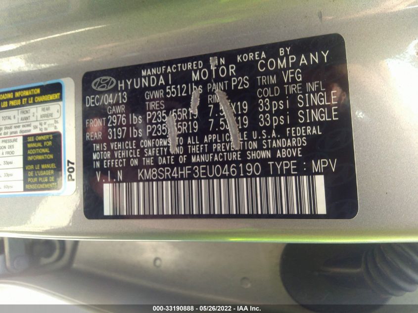 2014 HYUNDAI SANTA FE LIMITED KM8SR4HF3EU046190
